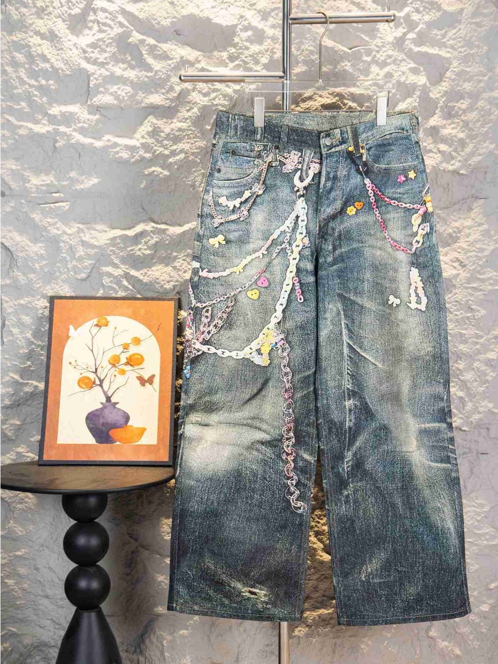 Acne Distressed Blue Denim Jeans with Pastel Chain Embellishments